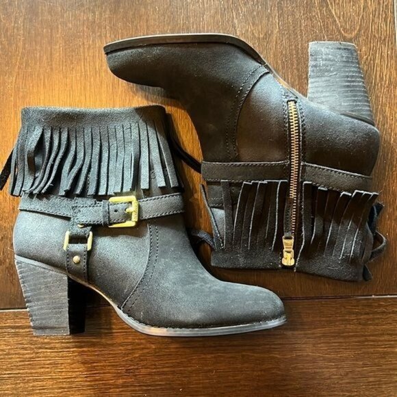 Lauren Ralph Lauren Boots Womens 7.5B Black Suede Fringe & Buckle Zip Western - Picture 3 of 11